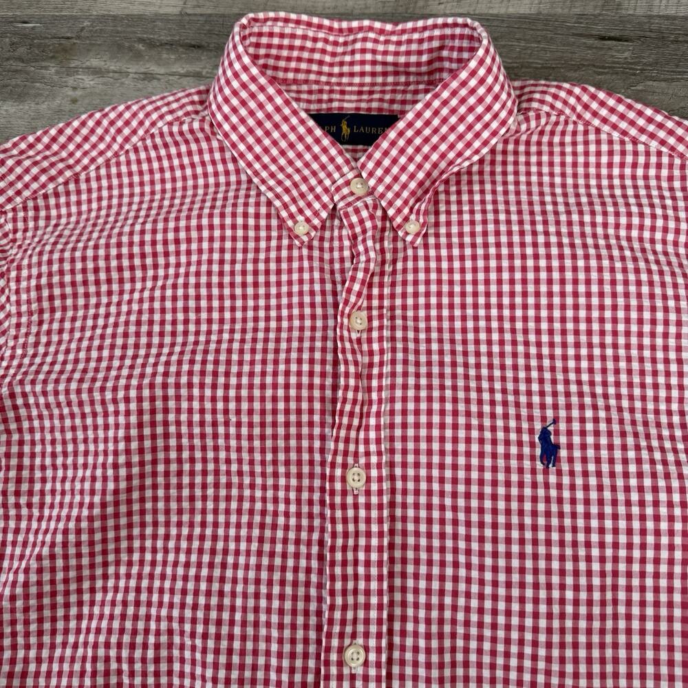 Ralph Lauren Seersucker Shirt Mens Large Red Check Short Sleeve Button Down